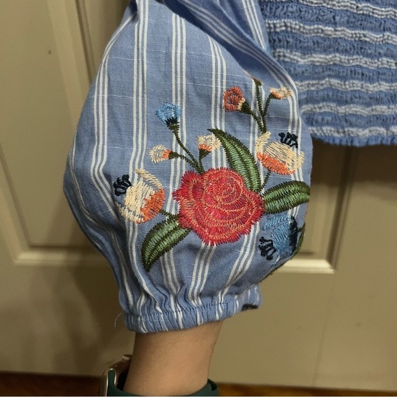 Xhilaration Striped Embroidered Smocked Square Neck Puff Sleeve Crop Top Shirt - Picture 6 of 11